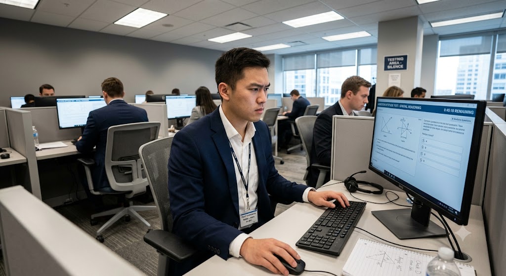A pilot candidate completing a computer-based aptitude test as part of an airline selection process