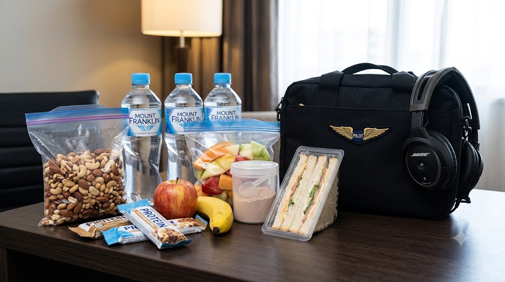 Pilot's healthy food kit packed alongside flight bag essentials