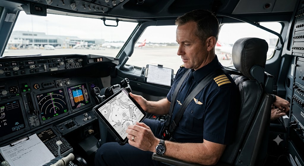 Pilot reviewing BOM synoptic chart and GAF on an iPad during pre-flight weather briefing